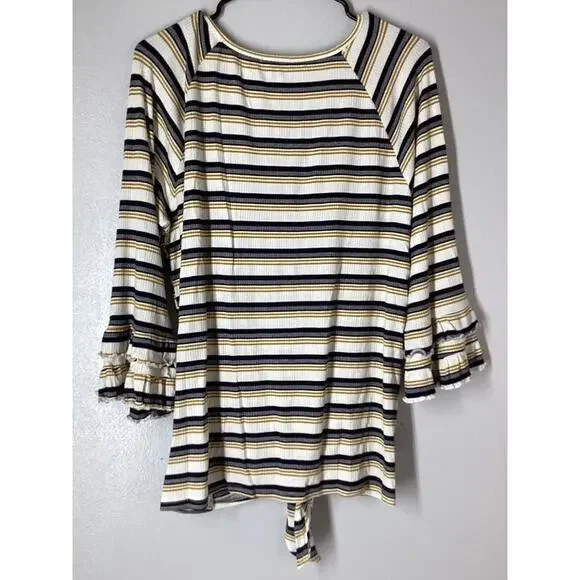 doe And Rae Multicolor Strip Top Black White Tan Ruffed Cuffs Women’s - Picture 8 of 9